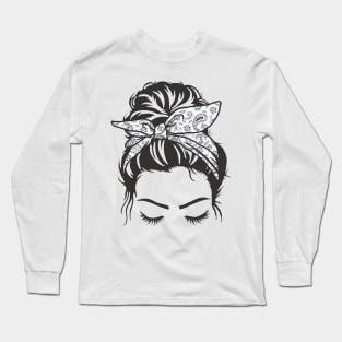 Messy Bun Girl With White Paisley Bow Long Sleeve T-Shirt